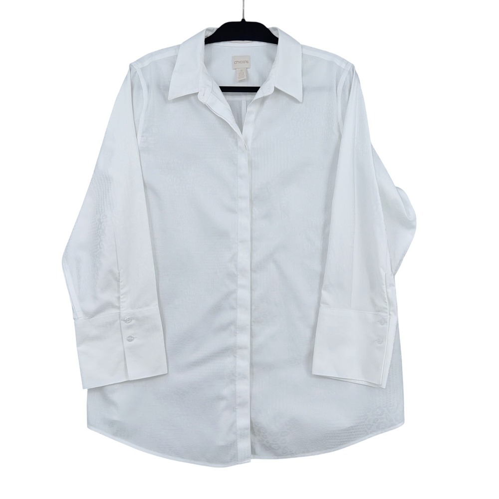 Chico's No-Iron Button Down Shirt Women 3 16 100% Cotton White Leopard Jacquard